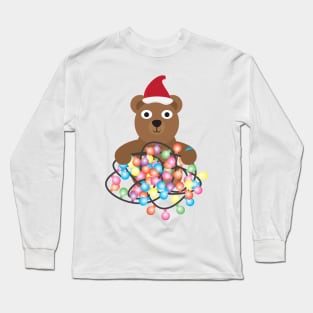 Cute Cartoon Bear with Santa Hat and Colorful Light Bunting Long Sleeve T-Shirt